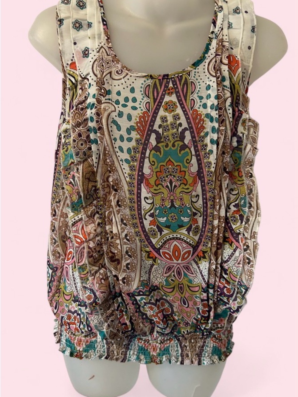 Boho Floral Paisley Sleeveless Tank Top - White/Multi
